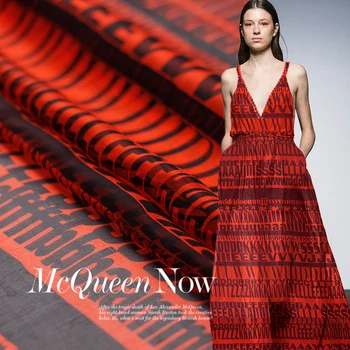 

Fashion English letter system red black high cold air printed silk chiffon summer dress dress customized fabric