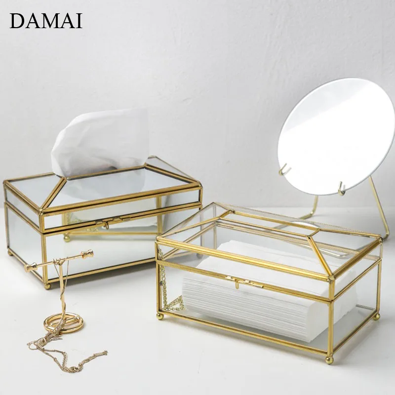

Nordic Brass Glass Tissue Box Cover Decorative Dust-proof Metal Mirror Paper Towel Storage Boxes Dining Table Napkin Holder