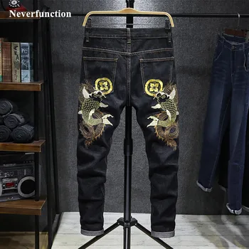 

Men streetwear Stretch Slim fit Carp embroidery Jogger Jeans pants Japanese Chinese style Man cotton casual denim trousers
