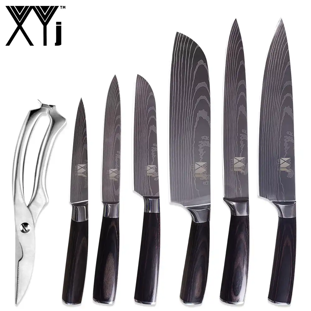 Xyj 7pcs Stainless Steel Knife Set Color Wood Handle Scissor Sharp Blade Chef Slicing Santoku Uitlity Paring Knife Cooking Tool Kitchen Knives Aliexpress