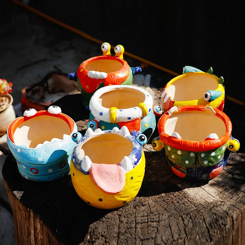 

Creative Ceramic hand-painted simple retro Flower Pots Planter Desk Cartoon Mini Bonsai Cactus Planter Pots Cute Succulent Pot