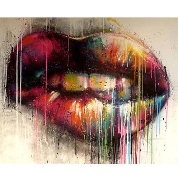 

Hand Painted pop art Decoration colorful lips color flow line and teeth on canvas painting wall Decoration for living room
