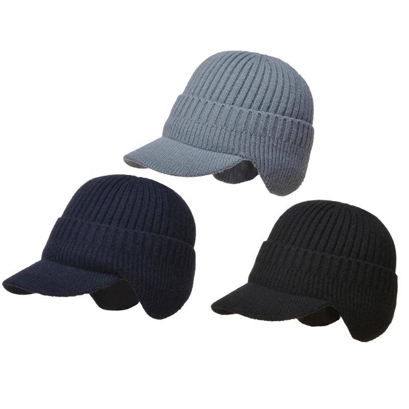 Men Winter Visor Brim Earflap Beanie 