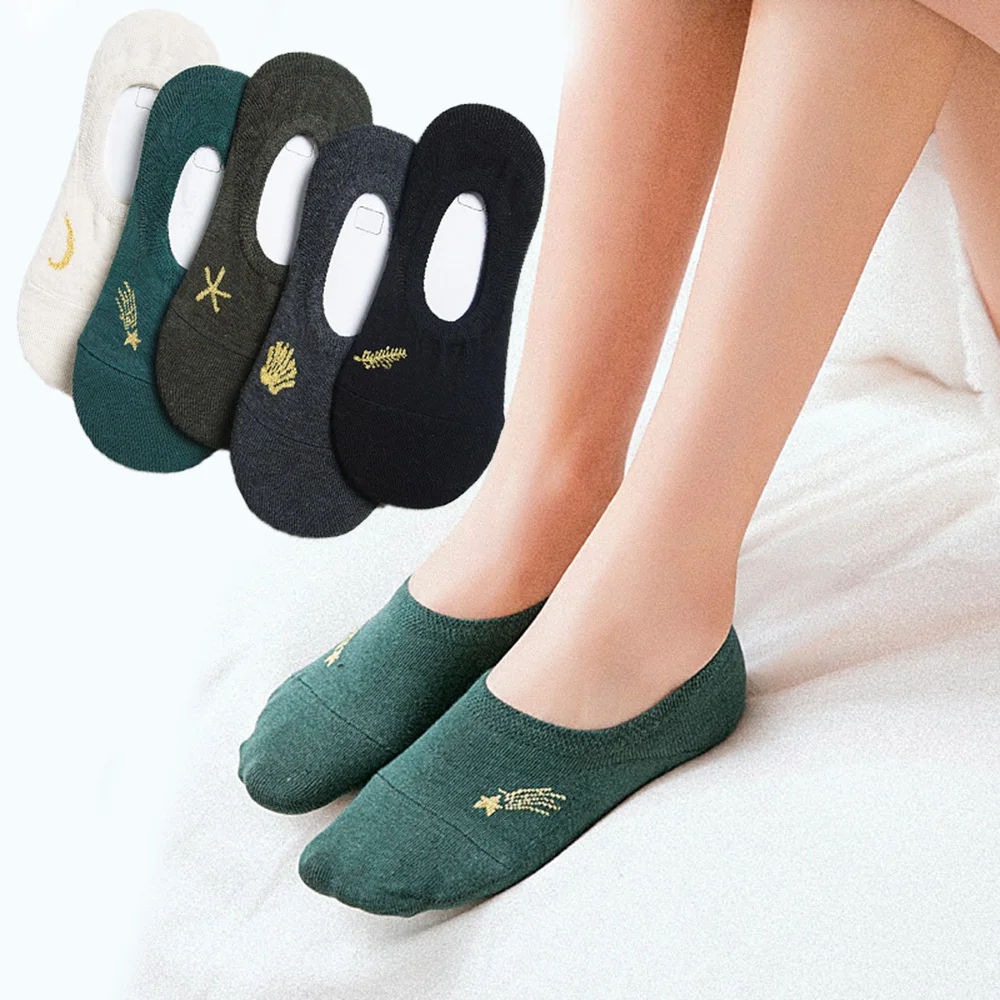 

Woman Socks Embroidered Feather Expression Cool Invisible Cotton Brand Casual Boat Socks Spring Summer No Show Cotton Socks