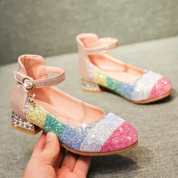 

new Girls Leather Wedding Shoes Baby Children's Sequins Princess Enfants Kids High Heels Dress Party Shoes for Girls 27-35