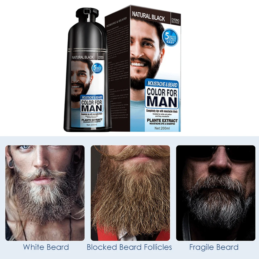 Shampoo colorante per barba da uomo da 200ml rimozione rapida colore grigio bianco naturale permanente nero barba capelli tintura Shampoo crema assistenza sanitaria - immagine 5