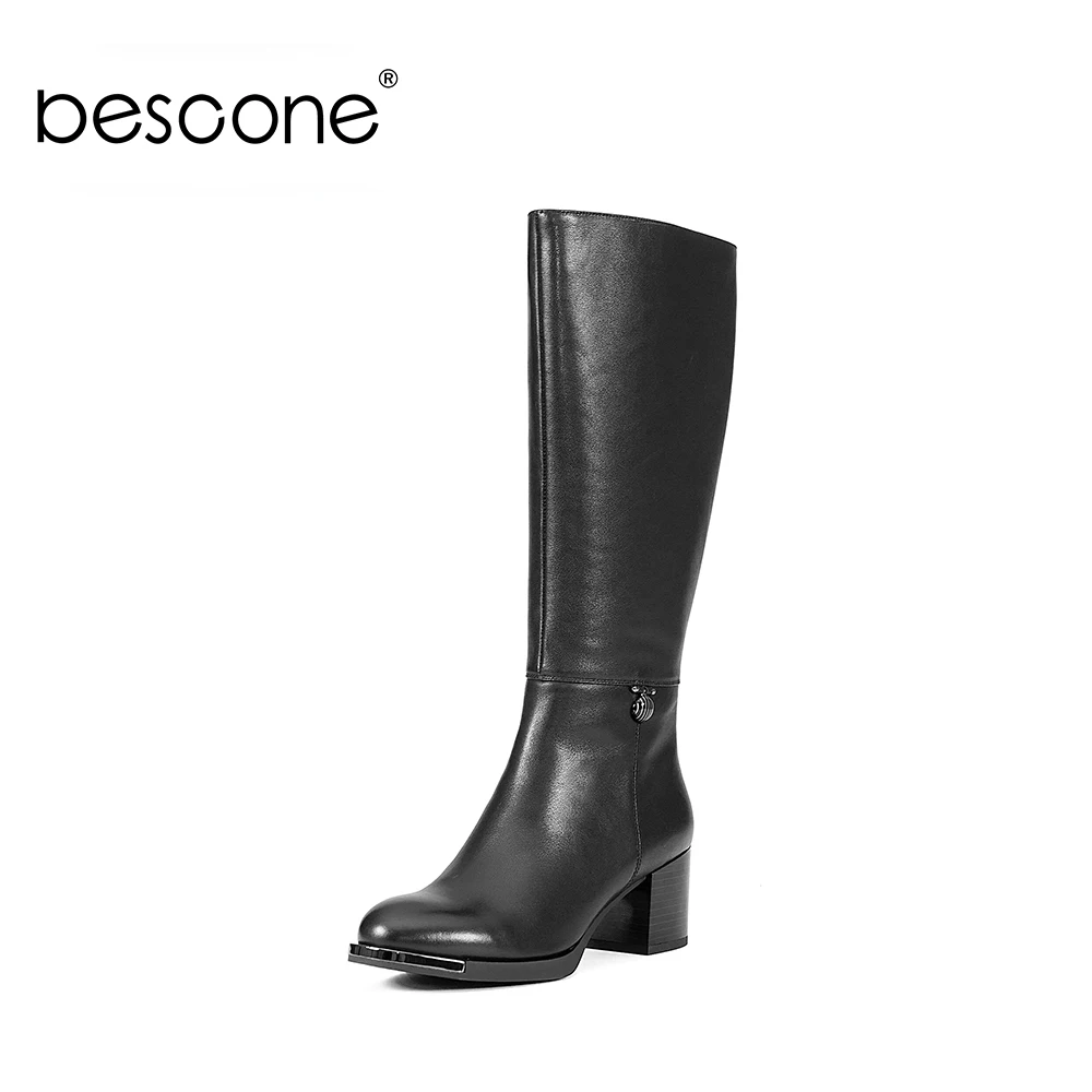 BESCONE/женские сапоги из натуральной кожи; высококачественные сапоги до колена с круглым носком; модные женские сапоги на низком каблуке с металлическим украшением; BA01