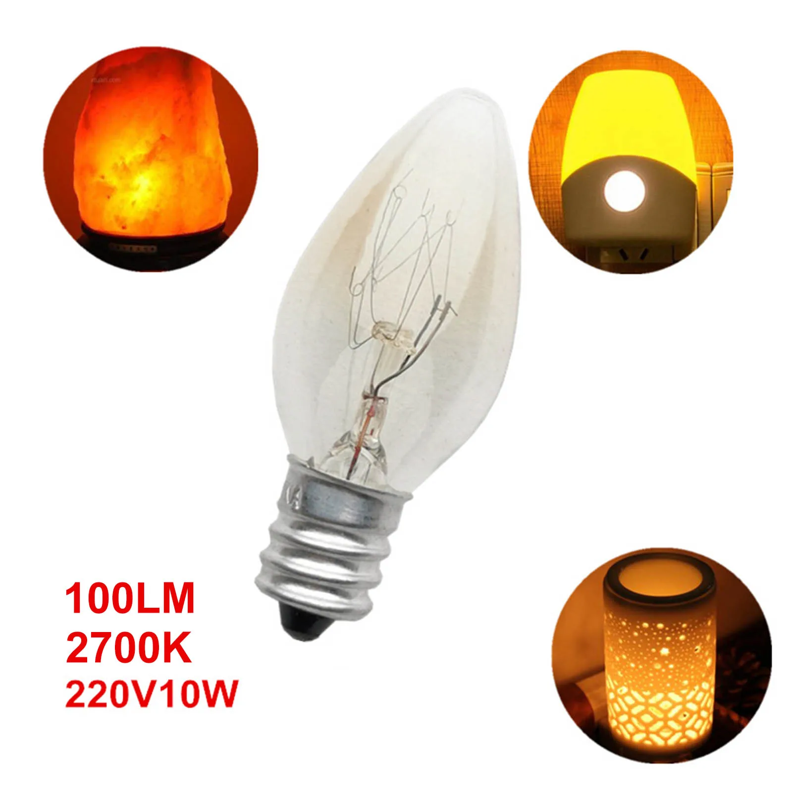 E12 C7 Bulb Aluminum Small Screw Mouth Salt Lamp Aroma Lamp Incandescent Tungsten Night Lamp Bulb 220V-240V 10W #W0