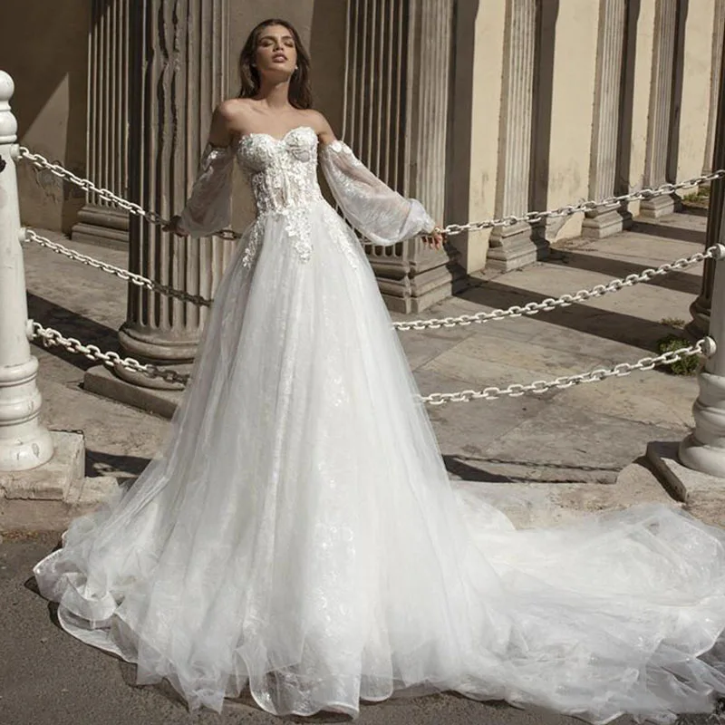 

Eightree 2020 Bohemian Wedding Dresses Sweetheart A Line Bride Dress Sweep Train Lace Appliqued Berta Wedding Dress Custom Made