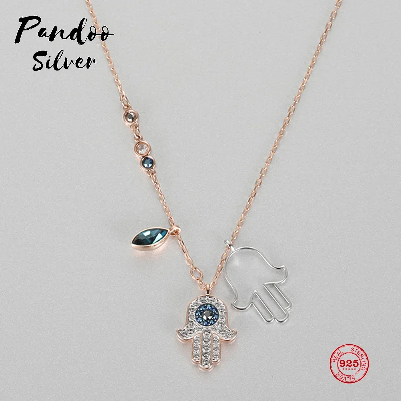 

PANDOO Fashion Charm Pure 925 Silver Original 1:1 Copy, Fatima Lucky Shelter Hand Elegant Necklace Female Luxury Jewelry Gifts