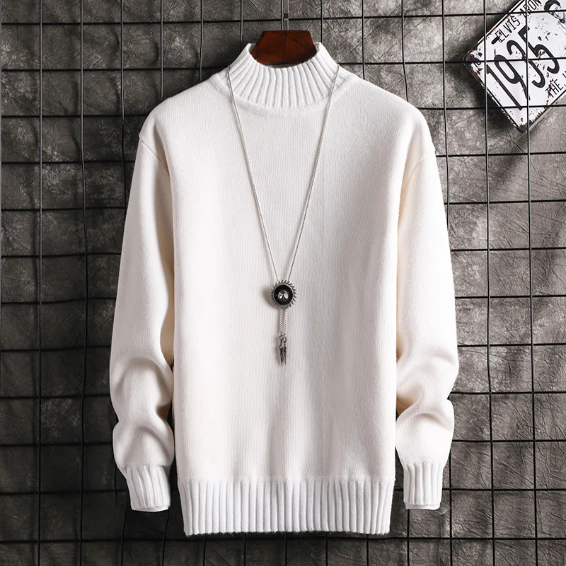 

2020 Men Turtleneck Sweater Autumn Winter Solid Color Casual Sweater Men's Slim Fit Knitted Pullovers Bottoming Jumper White