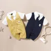 Summer Newborn Baby Boys Romper Short Sleeve Gentleman Tie Jumpsuit Infant Outfits Formal Child Boy Clothes 3 6 9 12 18 Months 1