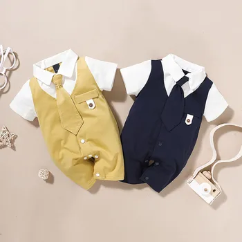 Summer Newborn Baby Boys Romper Short Sleeve Gentleman Tie Jumpsuit Infant Outfits Formal Child Boy Clothes 3 6 9 12 18 Months 1
