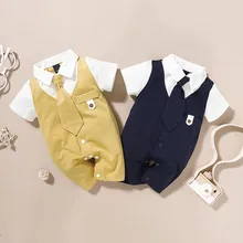 Summer Newborn Baby Boys Romper Short Sleeve Gentleman Tie Jumpsuit Infant Outfits Formal Child Boy Clothes 3 6 9 12 18 Months