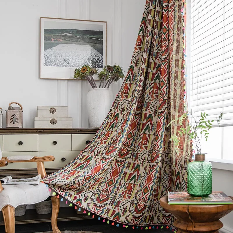 

Bohemian Geometric Yarn-Dyed Jacquard Curtain with Tassels, Farmhouse Window Drapes for Bedroom, Living Room Decor, TJ7723