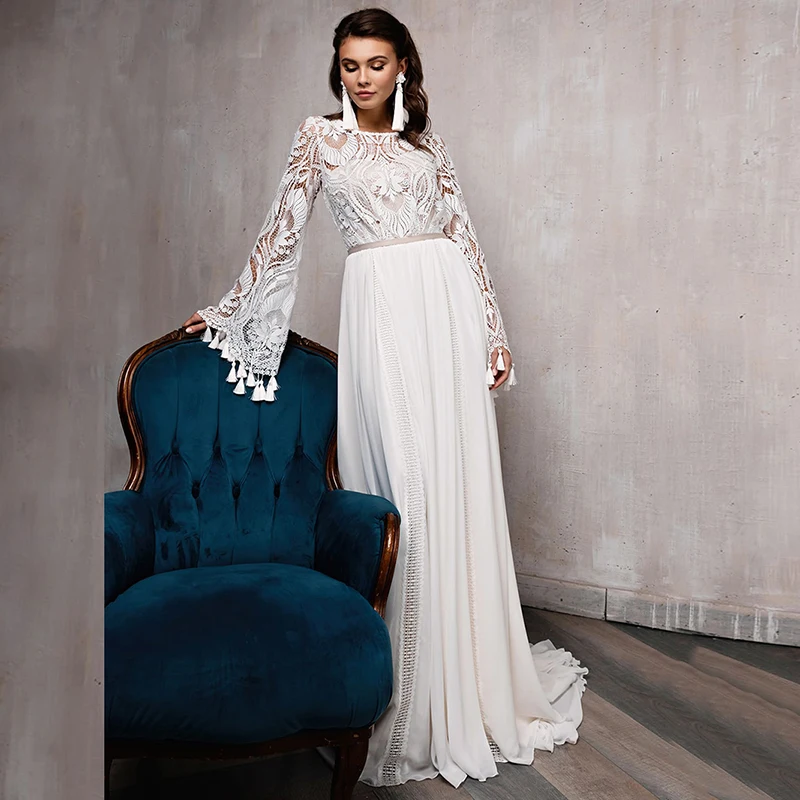 

Modern Unique Ivory Lace Long Sleeves Bridal Wedding Dresses Jewel Neck Back Out Bow Sash Wedding Gowns for Bride Sweep Train