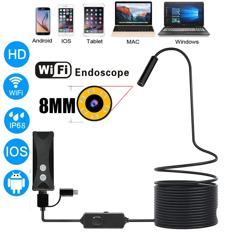 

Wireless WiFi Endoscope Camera HD 1200P Soft/Hard Cable Inspection Camera 8mm Borescope for IOS Android PC Mobile Endoscope usb