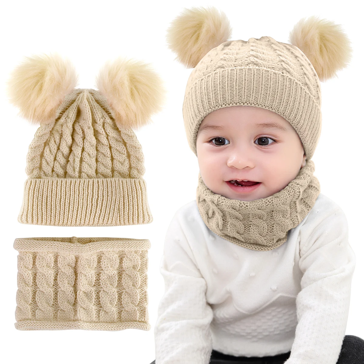 Puseky/зимняя теплая шапка, вязаная шапка с двумя помпонами, шапка для новорожденных мальчиков и девочек, Пушистый головной убор, меховые шапки с помпонами - Цвет: Beige