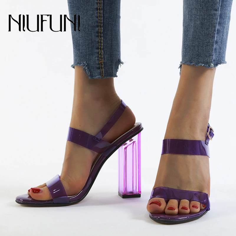 

Fluorescence Transparent Women's Sandals Shallow Crystal Square Heel High Heels Woman Belt Buckle Plus Size 35-42 Women's Shoes