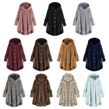 

Women Winter Long Sleeve Fluffy Tail Tops Thicken Hoodie Warm Coat Buttoning Jacket Asymmetric Irregular Hem Loose S-5XL