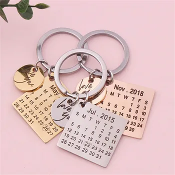 

Personalized Calendar Keychain Engraved with Your Texts Name Initials Keyring Date Highlighted with Heart Anniversary Gift