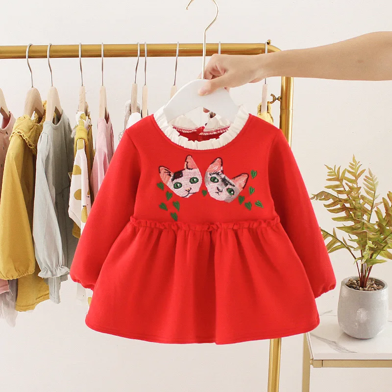 Зимнее милое платье из плотного флиса с рисунком кота для маленьких девочек Детские праздничные платья принцессы vestido infantil - Цвет: Красный