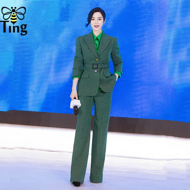 Tingfly Runway дизайнерский Зеленый Клетчатый костюм пальто+ длинные брюки женские комплекты из 2 предметов женские офисные комплекты шикарные