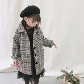 

2019 Winter Girls Cotton Long Jackets Kids Outerwear Clothes Toddler Children Clothes Casual Turn-down Collar Plaid Woolen Coat