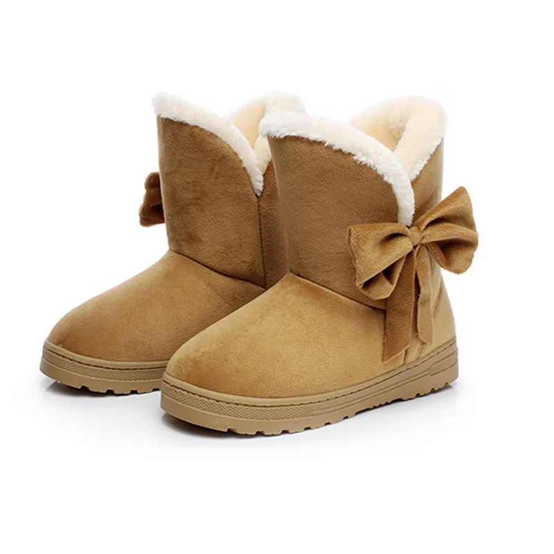 Houlife Winter Warm Women Solid Color Fur Ankle Snow Boots Bowtie Plush Suede Rubber Flat Slip On Female Fashion Mujer Booties