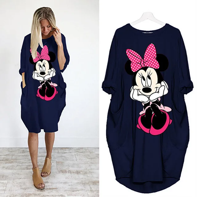 Disney Plus Size Midi Dress Long Sleeve Robe Casual Minnie Mickey Mouse Print Beach Loose Dresses Kawaii Sundress Women Clothing D002H1686 Blue