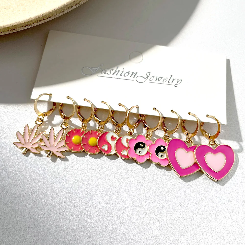 Flatfoosie 5Pair Pink Blue Heart Butterfly Drop Earrings Set For Women Boho Cute Star Moon Eye Dangle Earring 2022 Trend Jewelry