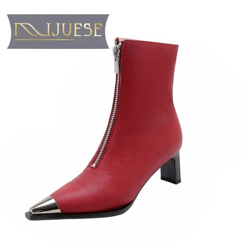

MLJUESE 2021 women soft ankle boots Sheepskin zippers boots winter short plush pointed toe high heels women boots