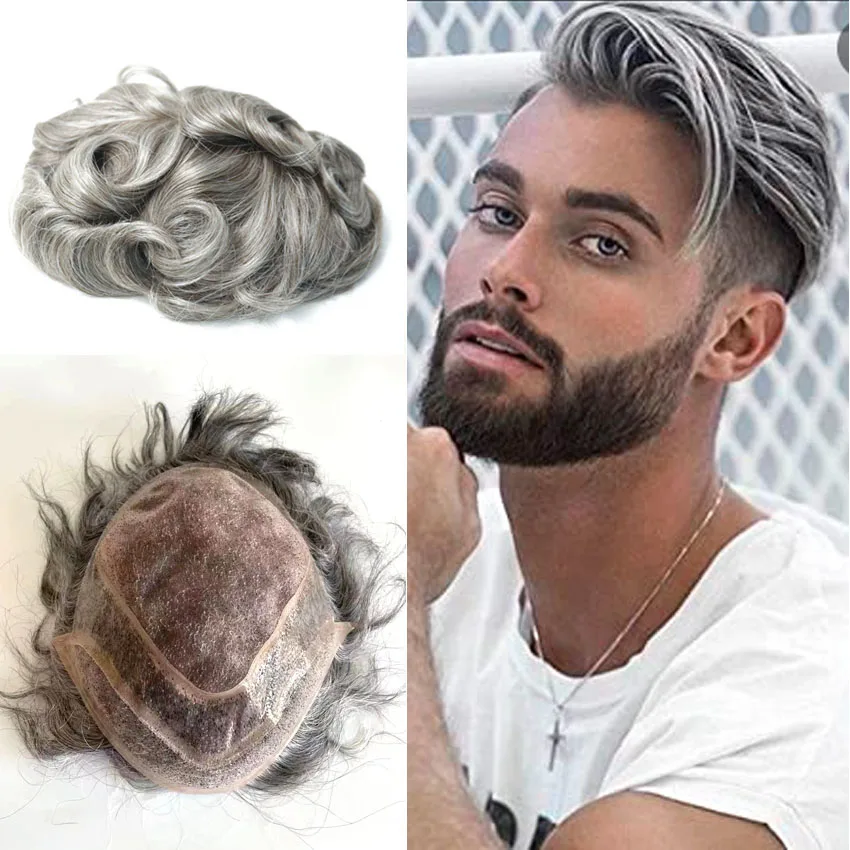 Human Hair Mono Base Toupee Man Weave Grey Silver Piece Mens Replacement System Lace Front Natural Line | Шиньоны и парики
