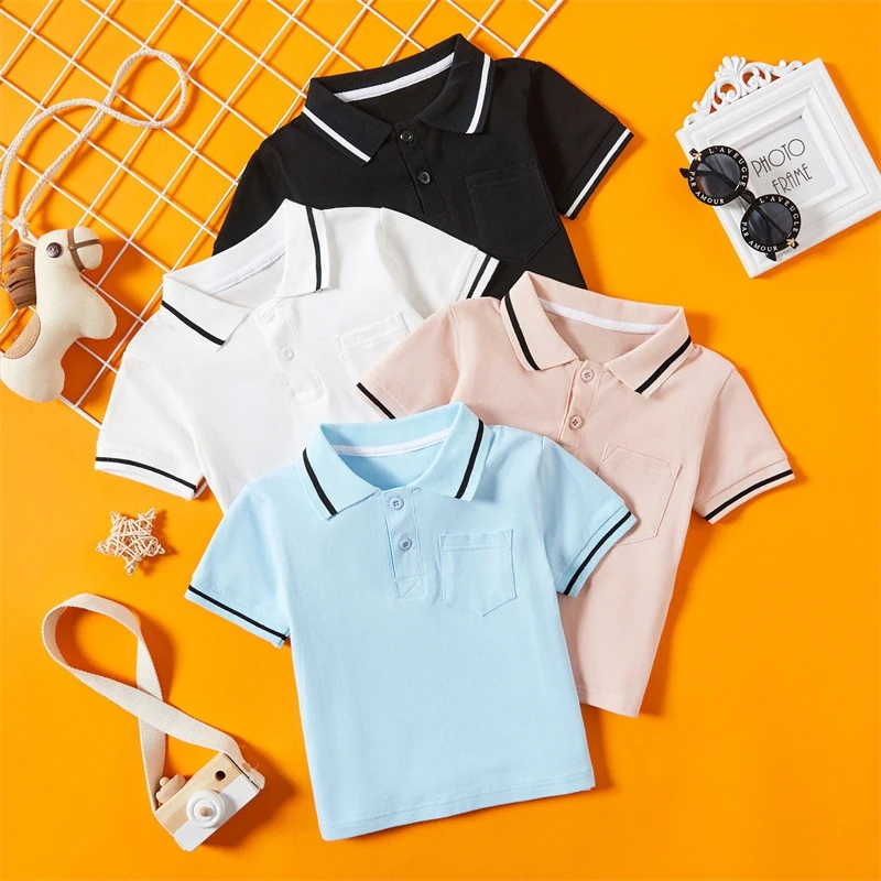 Summer Children Baby T-Shirts Gentleman Lapel Blouse Solid Color Short-sleeved Casual Top Kid Clothing For Boy 2-7Y