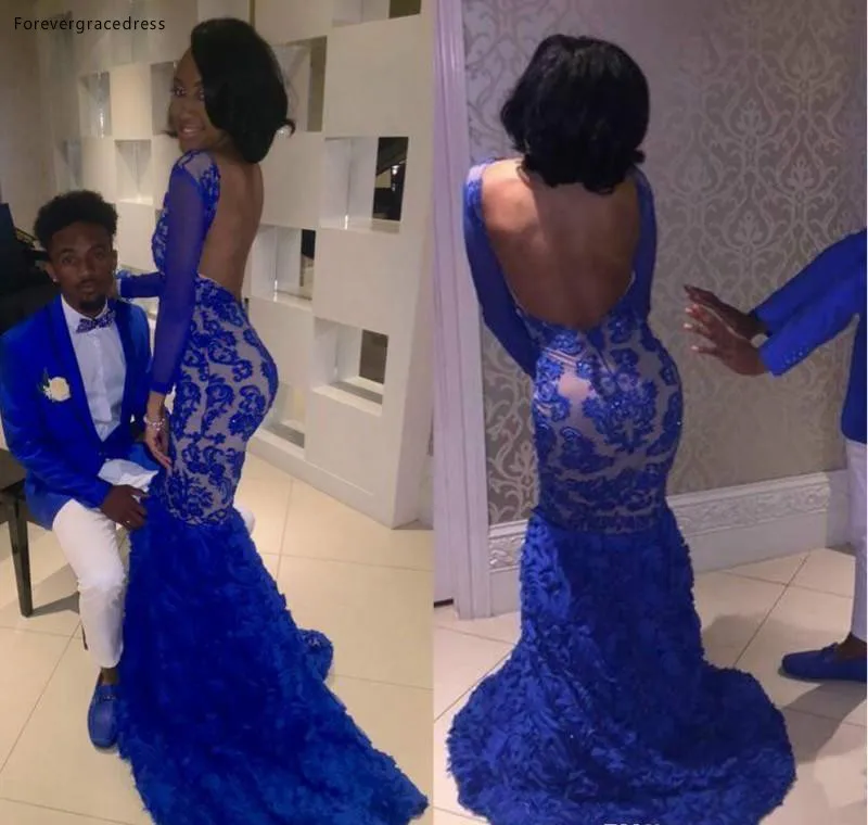 2019 Королевское голубое кружево Prom Dress Mermaid вырез лодочкой с длинными для торжественных вечерних приёмов, праздничная одежда Выпускной