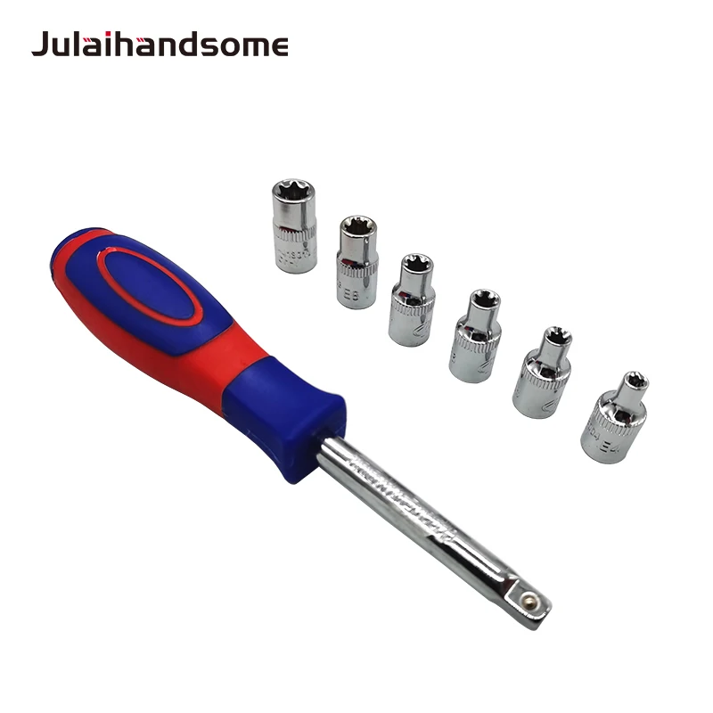 

7PC 1/4" Torx Star Socket Set Femal E Type Sockets Wrench Head E4 E5 E6 E7 E8 E10 1/4" Socket Driver Handle CRV