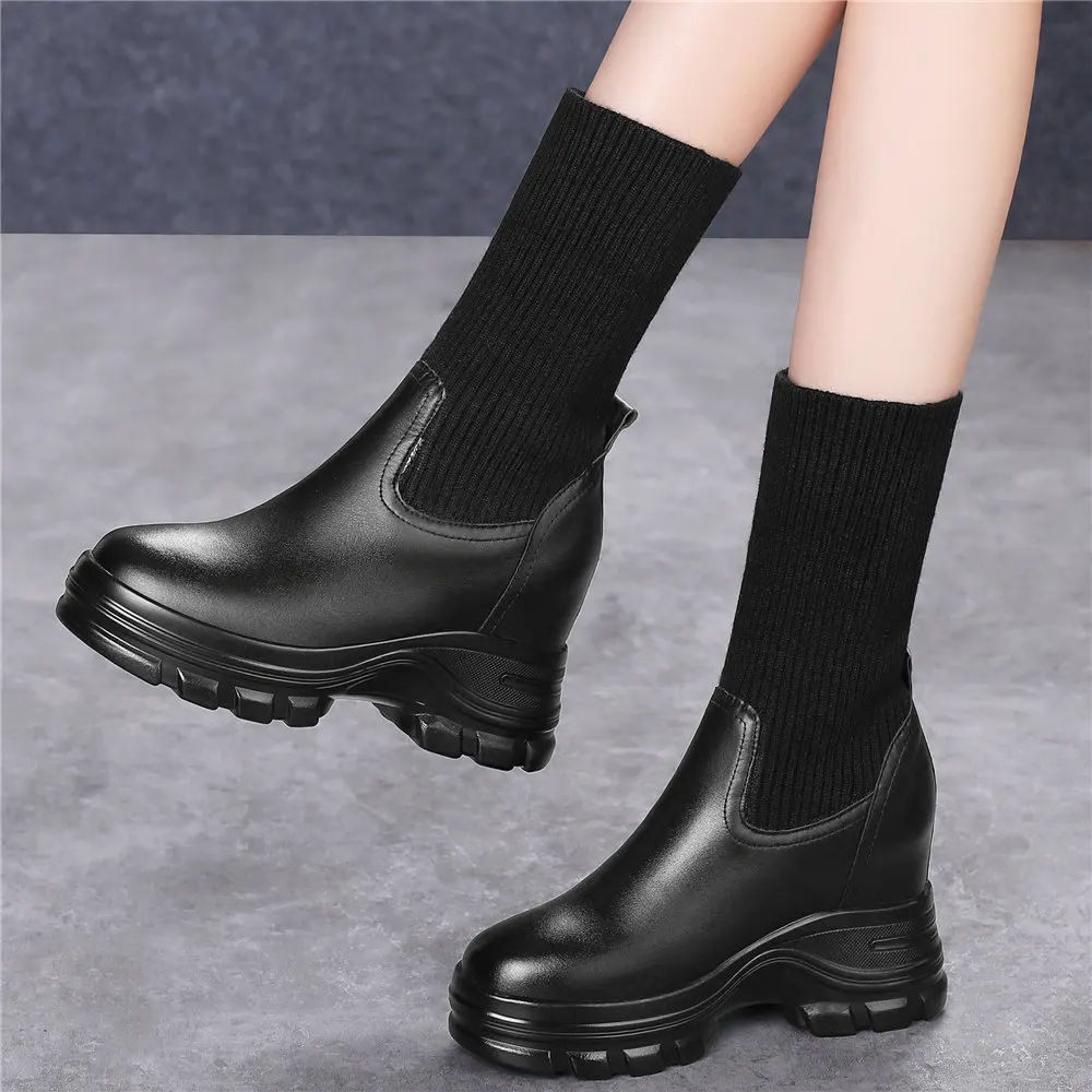 

Height Increasing Fashion Sneakers Women Genuine Leather High Heel Ankle Boots Female High Top Winter Warm Pumps Casual Shoes