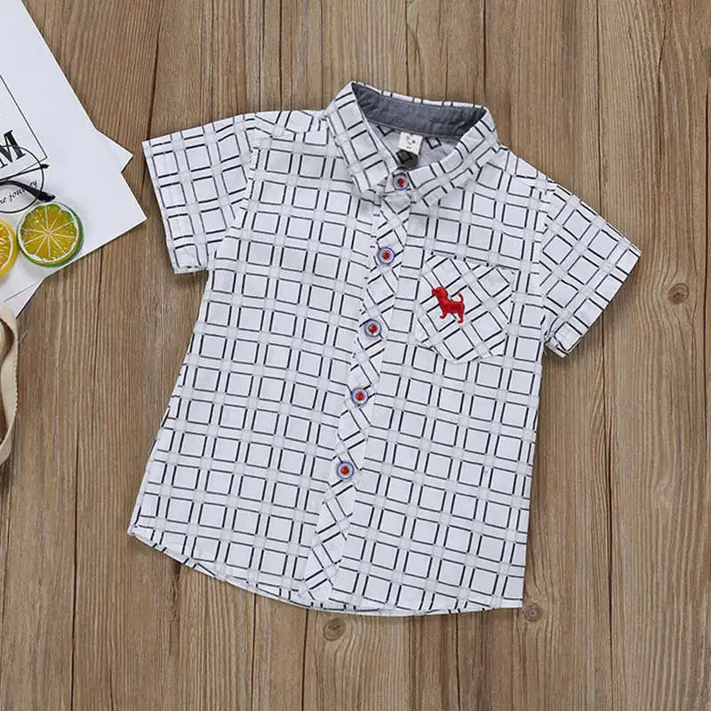 Детская хлопковая рубашка с короткими рукавами для мальчиков; летние клетчатые топы с принтом щенка; футболки; Повседневная Блузка - Цвет: white