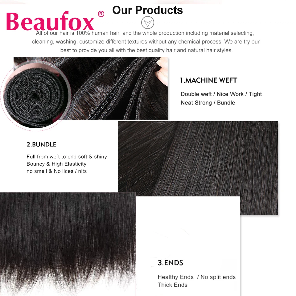 Beaufox Peruvian Hair Bundles Straight Human Hair Weave Bundles Remy Hair Extension Natural Black 1/3/4 Pcs 8-30 Inches 2