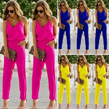 

2020 Fashion Womens Holiday Sleeveless V neck Pocket Jumpsuit Ladies Summer Beach Casual Playsuit Romper