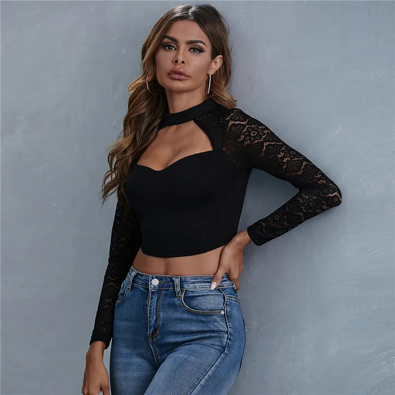 

Women Sexy Black Crop Top Streetwear Low Cut Out Neck Crochet Lace T Shirt Long Sleeve Slim Crop Shirts Top Clothing For Women