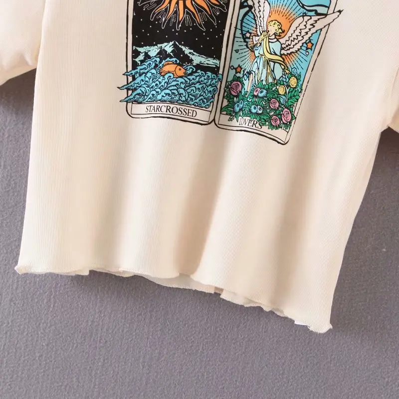 Linjiashop Tarot Card Short Sleeve Cropped Lettuce Hem Sexy Summer T-shirt for Girls O-Neck Graphic Tees Pullovers