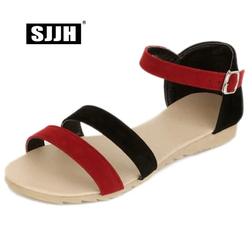 SJJH Woman Roman Sandals with Open Toe and Flat Heel Buckle Mixed Colors Comfortable Footwear Fashion Casual Shoes A1416