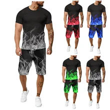 2 Pieces Tracksuit Set Flame Printed Men 3d Printing Brand T Shirts Drawstring Shorts Male Sportswear Fitness Running Clothes#29
