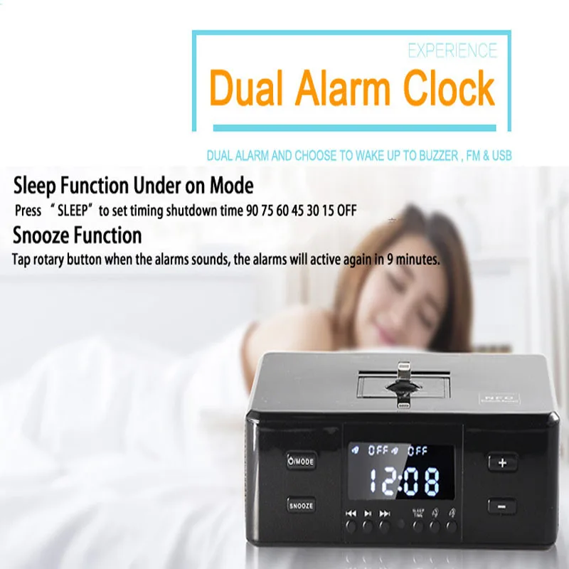 Wireless Bluetooth Speaker Alarm Clock Radio Hotel Room Bedside Electronic Alarm Clock Radio Rotating Charging Base Speaker FM