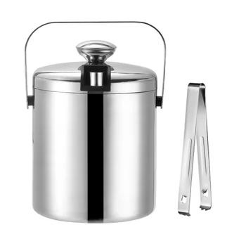 

1pc Double Walled Stainless Steel Ice Bucket Portable Ice Chiller Cooler Ice Cube Container for Wine Champagne Beer KTV Bar (Sil