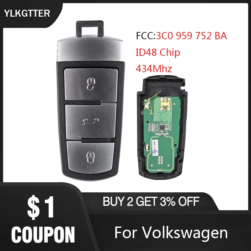 

YLKGTTER Smart Remote Car Key Fob For VW/Volkswagen Passat B6 3C B7 Magotan CC with 3C0959752BA 434Mhz ID48 Chip Car Key