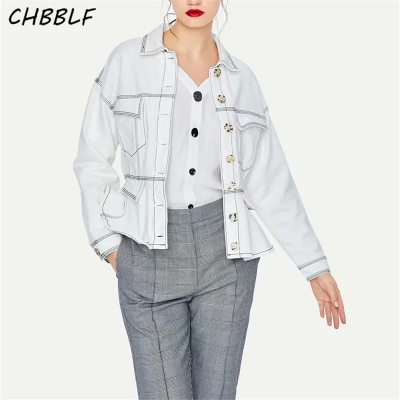 

CHBBLF women chic pockets denim jacket buttons long sleeve pleated coats white outerwear tops O1003
