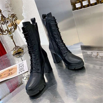 

Women Lace-up zipper Martin boots platform knight boots high heel ankle boots Genuine Leather keep warm in autumn and winter