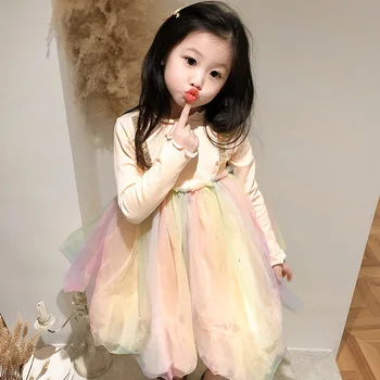 

2020 Girls Rainbow Mesh Dress Kids Baby Girl Costumes Spring Children Birthday Party Dress BC886